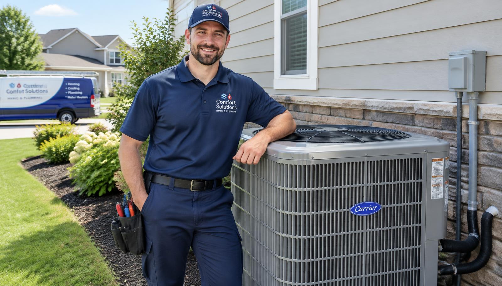 Technician servicing a home air conditioner